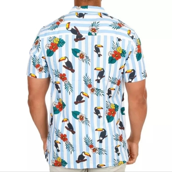 VSTR Toucan Play At That Game Tropical Floral Stripe Print Button Down Size L - Picture 9 of 16